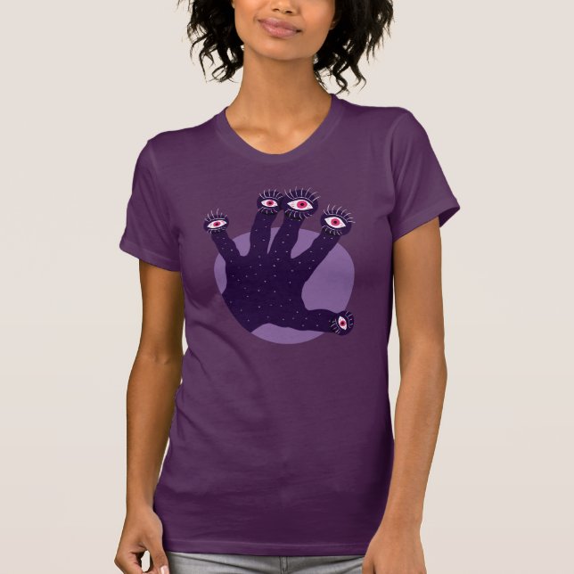 Camiseta Gótico Roxo Olhos Estranhos Da Mão (Frente)