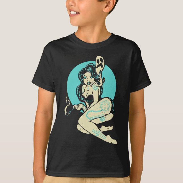 Camiseta Gótico Tatuado Menina Horror Ghost Moon Rockab (Frente)