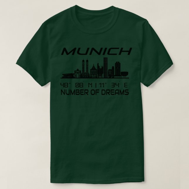 Camiseta GPS Coordena Cidade de Sonho Skyline de Munique (Frente do Design)