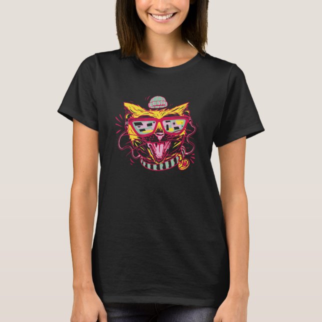 Camiseta Gra Felina Pet Gra de hipster Vestindo Óculos e Ch (Frente)
