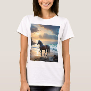 Camiseta Graça Dourada: Um Cavalo Palomino na Costa do Pôr 