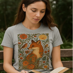Camiseta Graça Florestal Raposa Motivo em Flor