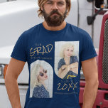 Camiseta Graduação de Fotos Archadas com marinho Azul 2<br><div class="desc">Camisa simples e moderna de graduação, com 2 fotos arquivadas, sobre fundo azul marinho, com texto modelo de ouro que diz 'NOSSO FORMANDO, NOME, CLASSE DE E SUA ESCOLA, UNIVERSIDADE OU FACULDADE'. Os estilos de fonte e a cor de fundo podem ser alterados clicando no link personalizar depois de personalizar....</div>