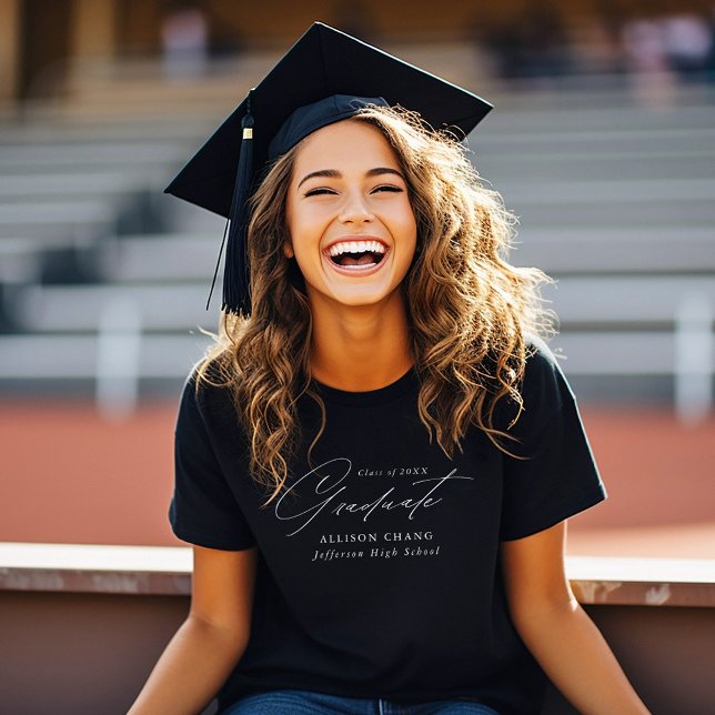 Camiseta Graduação Personalizada de Script Branco Elegante (Criador carregado)