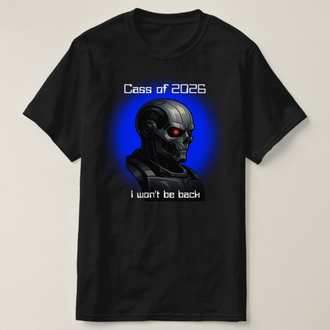 Camiseta Graduation Cyber Skull Blue Glow Robot Head Design (Frente do Design)