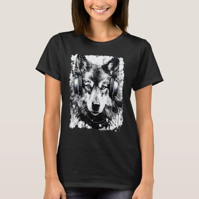 Camiseta Graffiti de Cachorro Husky Engraçado com Fone de O (Frente)