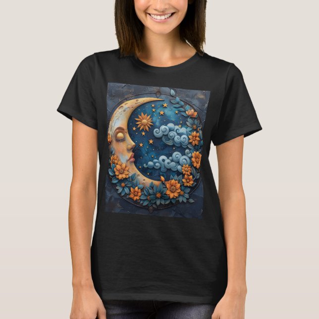 Camiseta Gráfica com Desenho de Lua e Flor (Frente)