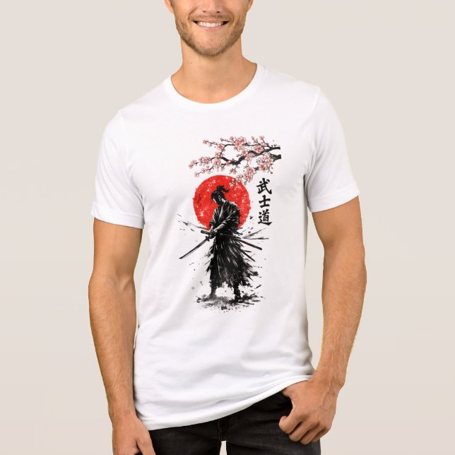 Camiseta Gráfica com Samurai Japonês e Flor de Cer (Frente)