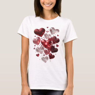 Camiseta Gráfica Corações e Brilho em Prata Nova
