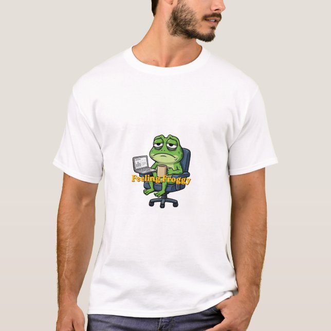 Camiseta Gráfica da Rã Divertida com Laptop de Caf (Frente)