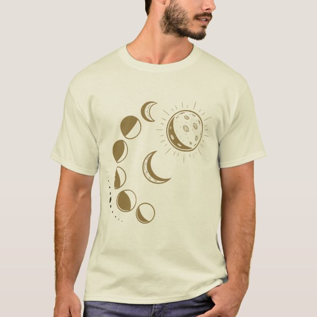 Camiseta Gráfica das Fases da Lua Celestial e Sol  (Frente)