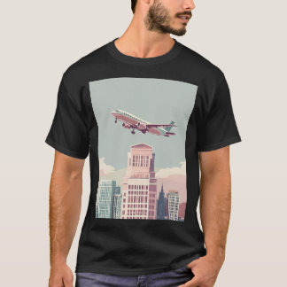 Camiseta Gráfica de Avião Pousando na Paisagem Urb