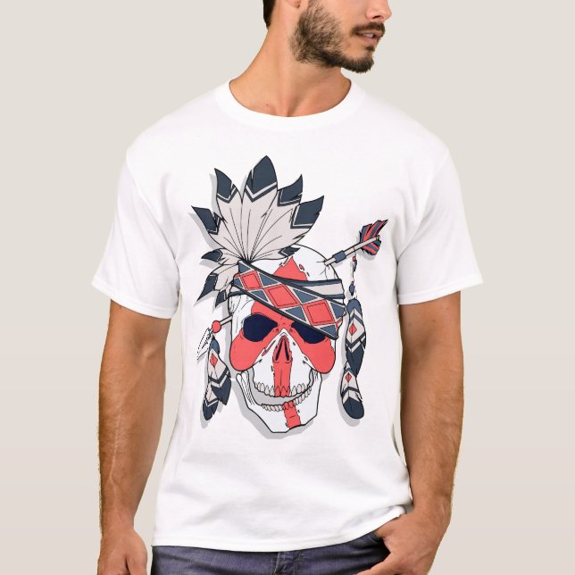 Camiseta Gráfica de Caveira com Pena Tribal (Frente)