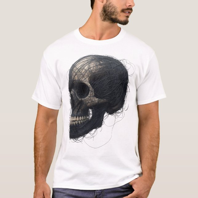 Camiseta Gráfica de Caveira em Thread-Art Abstrato (Frente)