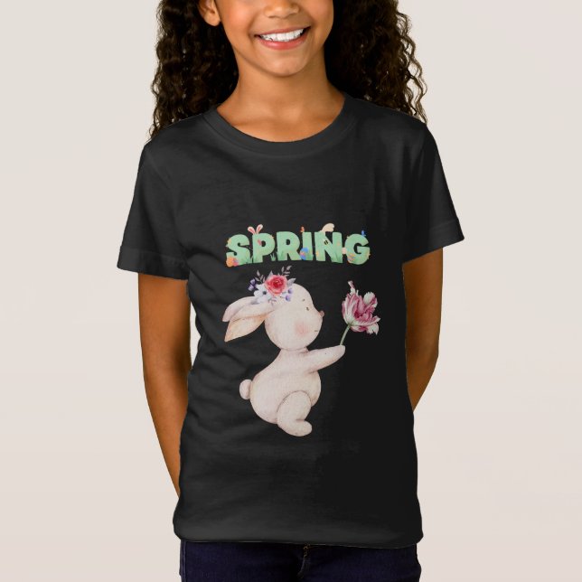 Camiseta Gráfica de Coelho da Primavera com Tulipa (Frente)