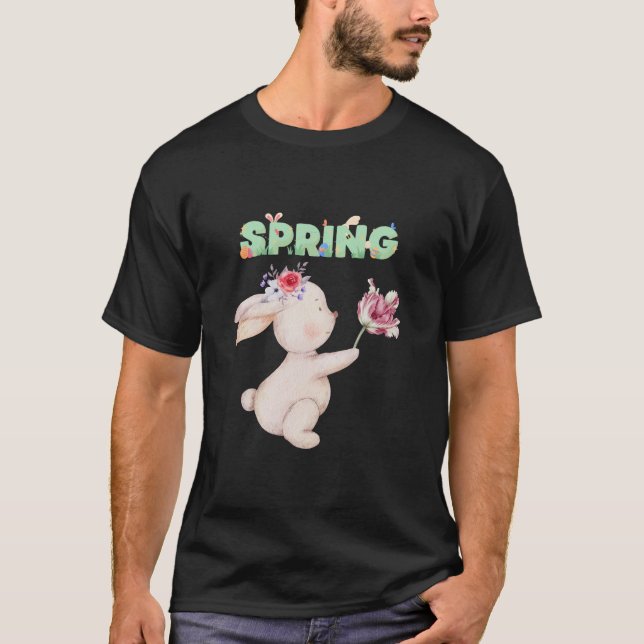 Camiseta Gráfica de Coelho da Primavera com Tulipa (Frente)