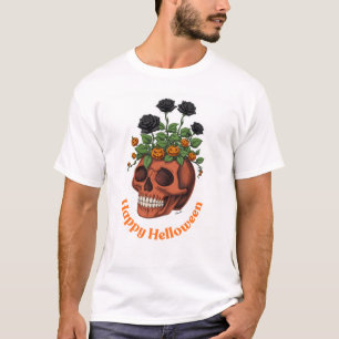 Camiseta Gráfica de Crânio e Floral 'Feliz Hallowe