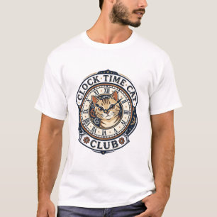 Camiseta Gráfica de Gato Hora do Relógio - Hora do