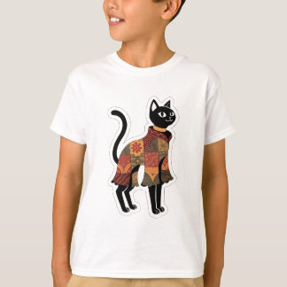 Camiseta Gráfica de Gato Preto Boho Patchwork
