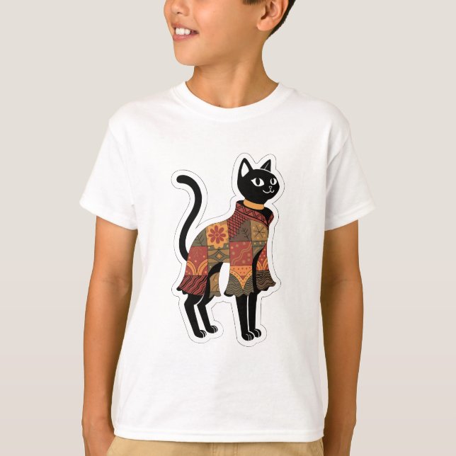 Camiseta Gráfica de Gato Preto Boho Patchwork (Frente)