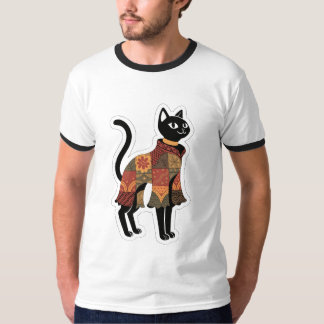 Camiseta Gráfica de Gato Preto Boho Patchwork