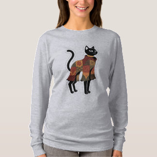 Camiseta Gráfica de Gato Preto Boho Patchwork