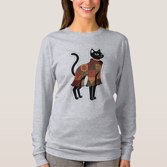 Camiseta Gráfica de Gato Preto Boho Patchwork (Frente)