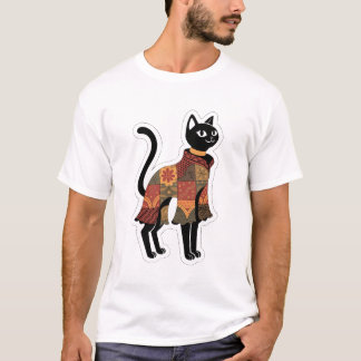 Camiseta Gráfica de Gato Preto Boho Patchwork