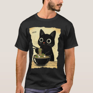 Camiseta Gráfica de Ramen de Gato Engraçado Japonê