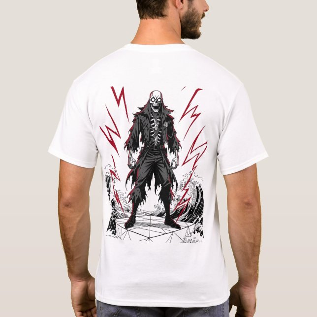 Camiseta Gráfica de Relâmpago com Esqueleto Gótico (Verso)