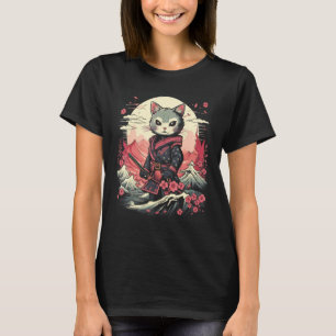 Camiseta Gráfica de Tatuagem Retro de Gato Ninja Samurai Ja