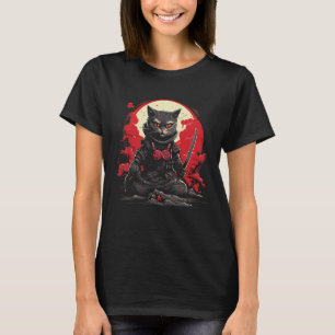 Camiseta Gráfica de Tatuagem Retro de Gato Ninja Samurai Ja