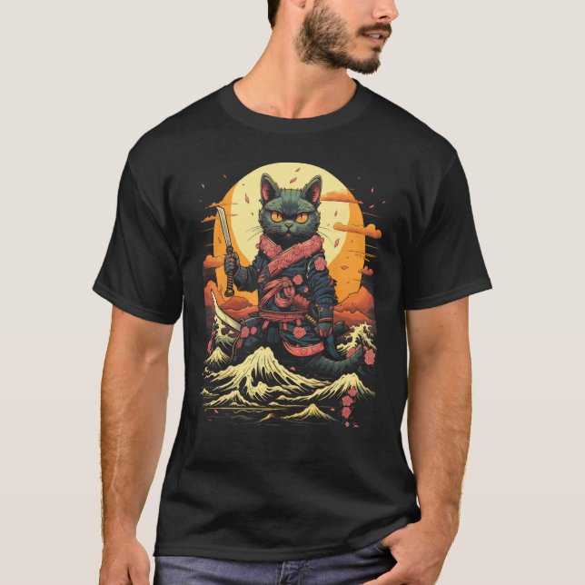 Camiseta Gráfica de Tatuagem Retro de Gato Ninja Samurai Ja (Frente)