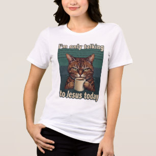 Camiseta Gráfica Divertida de Gato Cristão e Café