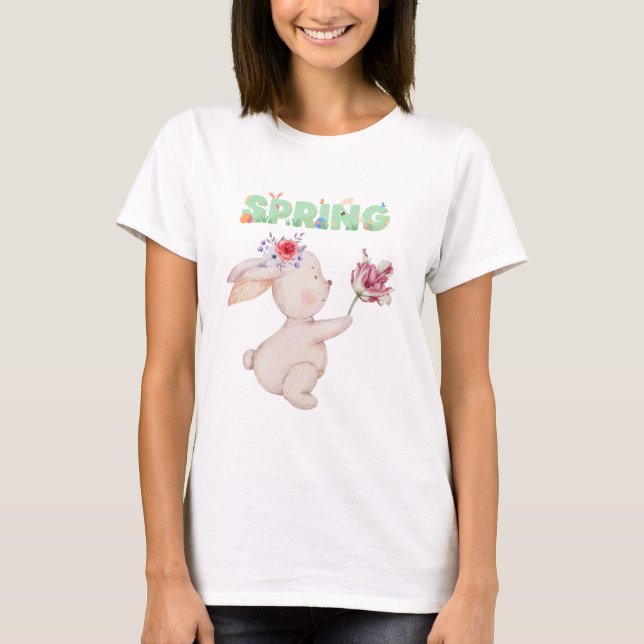 Camiseta Gráfica do Coelho da Primavera Retro com  (Frente)