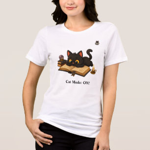 Camiseta Gráfica Gato Preto Engraçado Lendo Livros