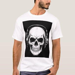 Camiseta Gráfica Gótica de Caveira com Fone de Ouv