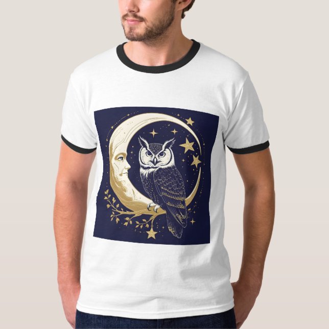 Camiseta Gráfica Lua Crescente Coruja Mística Cele (Frente)