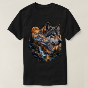Camiseta Gráfica Majestosa Lua Cheia Lobo Selvagem