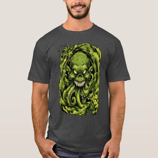 Camiseta Gráfica Monstro Tentáculo Verde Assustado (Frente)