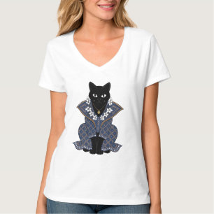 Camiseta Gráfica Rainha Gata Batik Azul Místico
