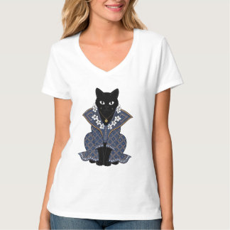 Camiseta Gráfica Rainha Gata Batik Azul Místico
