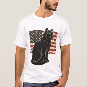 Camiseta Gráfica Vintage Patriótica com Gato e Ban