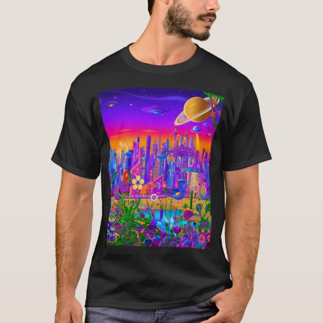 Camiseta Gráfico da Cidade do Sonho Fúturística (Frente)