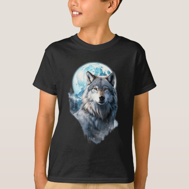 Camiseta Gráfico da Lua do Lobo Uivando ,Sob a Noite de Lua (Frente)