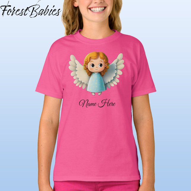 Camiseta Gráfico de Cartoons Adoráveis de Anjo da Garota Bo (Angel Pink Customizable ForestBabies T-shirt - Front)