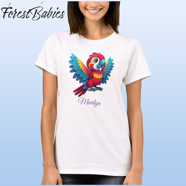 Camiseta 🦜 Gráfico de Cartoons de Aves Cudas de Papagaio C (Macaw Parrot, White Customizable ForestBabies Women's Basic T-shirt - Front)
