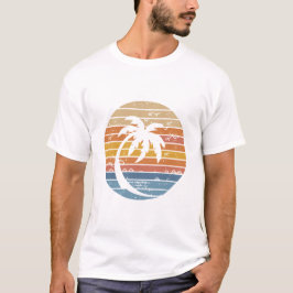 Camiseta Gráfico de Círculo Retro do Pôr do Sol com Palmeir