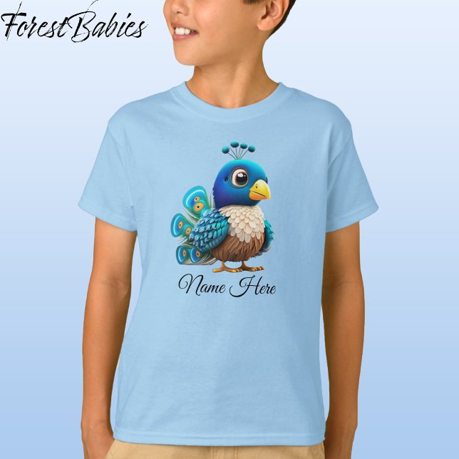 Camiseta Gráfico de desenho animado de pássaros peacock do  (Peacock, Blue Customizable ForestBabies T-shirt - Front)