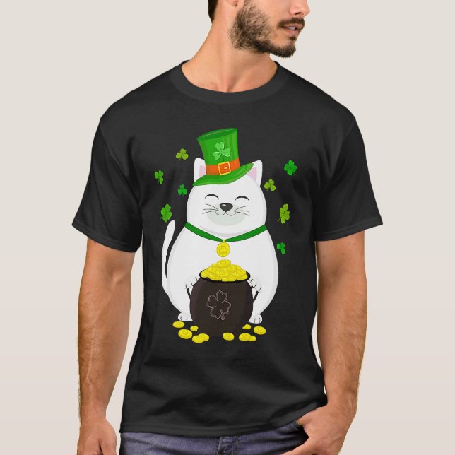Camiseta Gráfico de Dia de São Patrício de Gato Leprechaun (Frente)